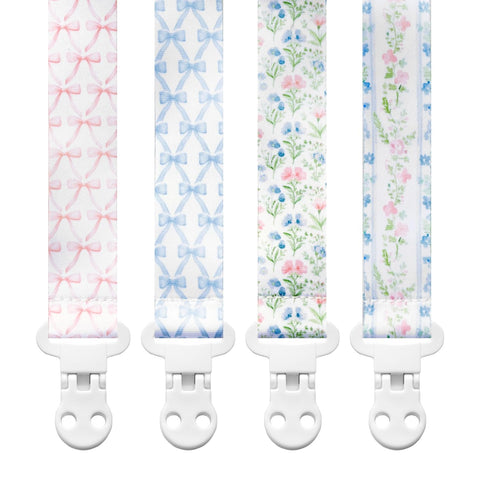 Stadela Baby Pacifier Clip Holder - Girl 4 Pack Gift Set – Vintage Floral Bows Ribbons Flowers French Blue Pink