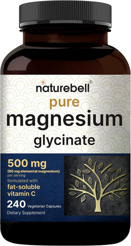 NatureBell Pure Magnesium Glycinate 500mg Per Serving, 240 Veggie Capsules
