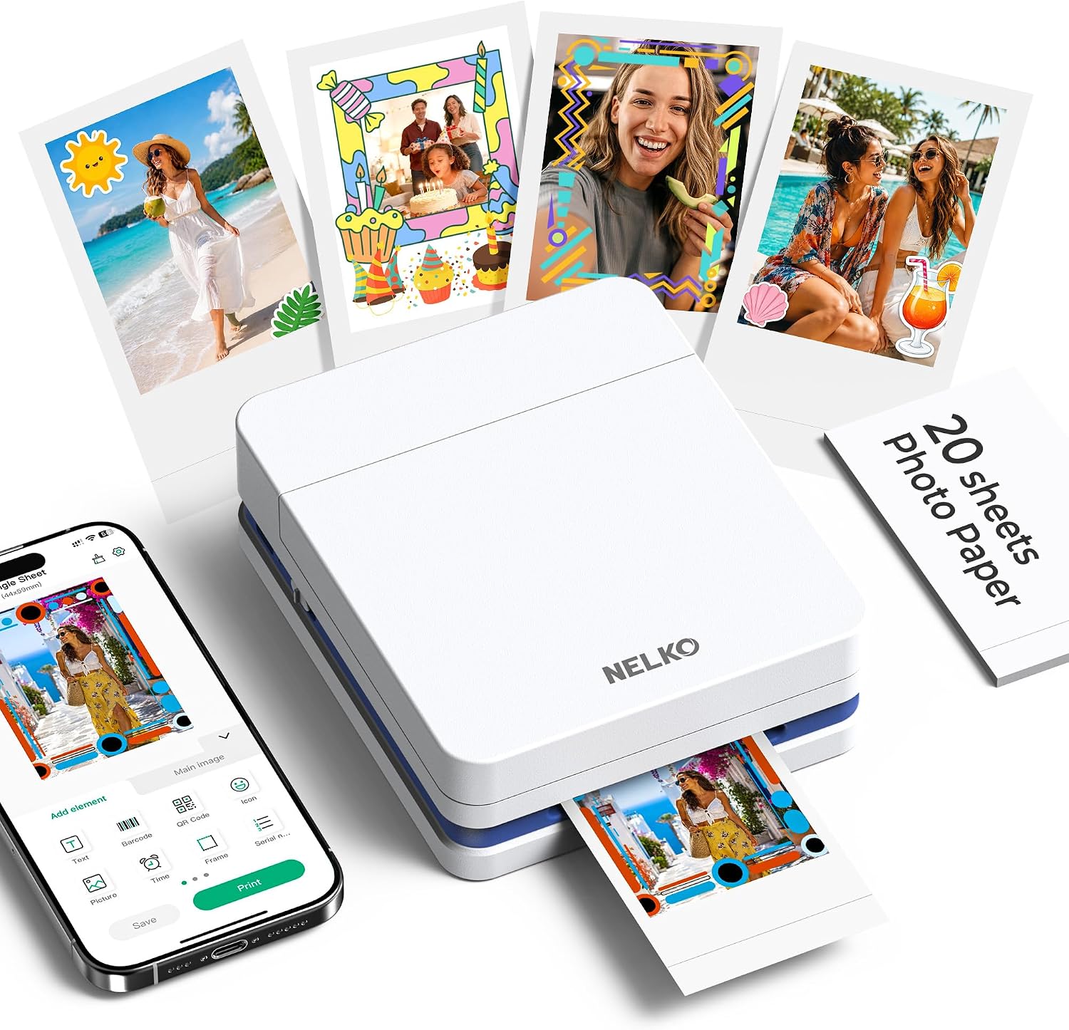Nelko PP01 Photo Printer, 2x3 Portable Photo Printer, Mini Printer, White