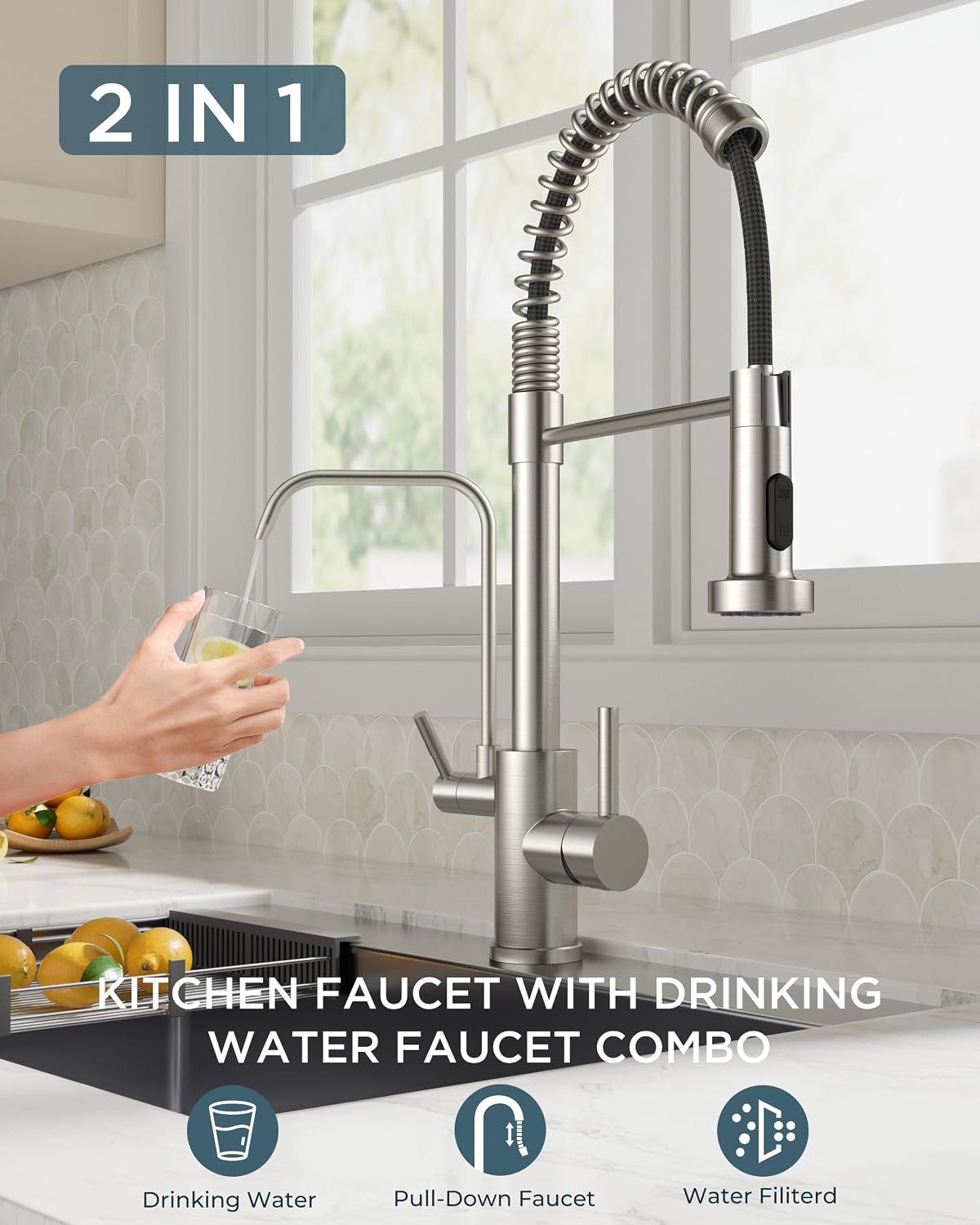 FORIOUS Kitchen Faucet with Purfied Water Filter, 2 Handle, Brushed Nickel