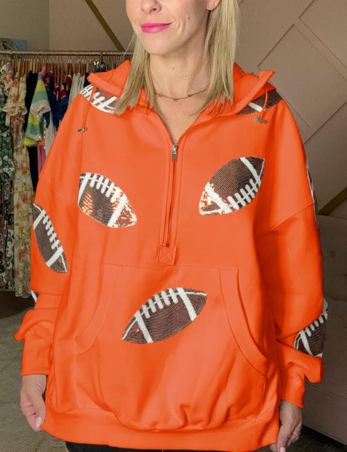 SeekMe Women Game Day Sweatshirt Sequin Football Hoodies Pullover Fall Top