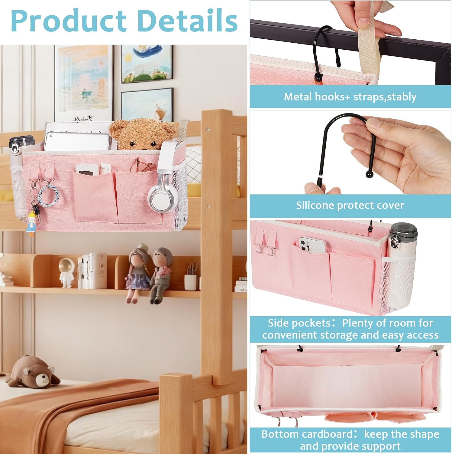 Bedside Caddy, Bedside Storage Bag Hanging Organizer for Bunk Dorm Bed Rail