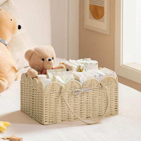 HBlife Large Baby Diaper Caddy, Paper Rope Storage Baskets Nursery Bin with Removable Divider, Portable Car Organizer for Diapers, Baby Shower Gifts, Newborn Essentials Must Haves