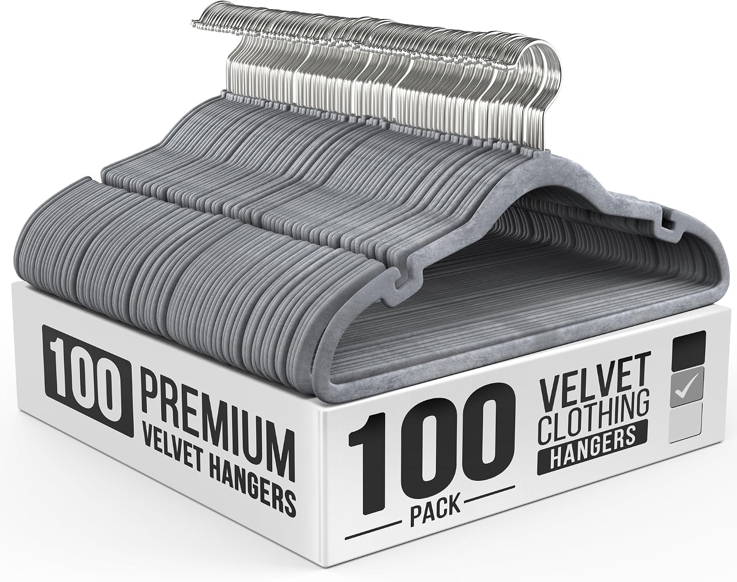 Our Modern Space 100 Pack Velvet Hanger for Shirt Pants Dresses Skirts Suits Jackets - Slim Space Saving Design - Standard Coat Hanger - Sturdy & Durable Design with Shoulder Grooves Hook