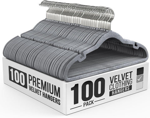 Our Modern Space 100 Pack Velvet Hanger for Shirt Pants Dresses Skirts Suits Jackets - Slim Space Saving Design - Standard Coat Hanger - Sturdy & Durable Design with Shoulder Grooves Hook