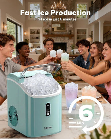 Nugget Ice Maker Countertop, Silonn Chewable Pellet Ice Machine with Self Cleaning Function, Pebble Portable Ice Maker with Ice Scoop for Home Kitchen Office, Green