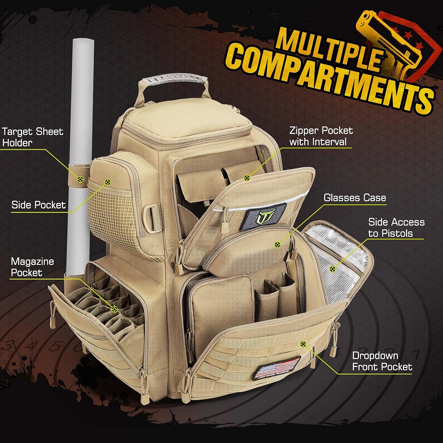 TIDEWE Gun Range Backpack for Handguns, Tactical Shooting Range Bag