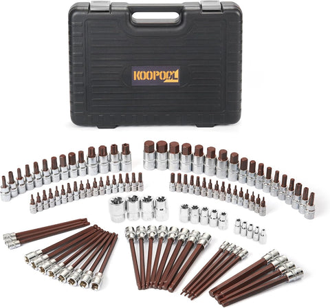 107-Piece Master Torx & Allen Bit Socket Set, S2 Steel, 1/4" 3/8" 1/2" Drive, Long Torx, Ball End Hex, Tamper-Resistant Star, E-Star Sockets, SAE & Metric (Chrome-Polished Set)