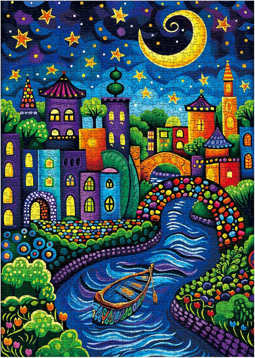 Fantasy Houses Scenic Puzzles for Adults 1000 Pieces, Mystery Beautiful Art Jigsaw Puzzles, Pretty Colorful Night Puzzles