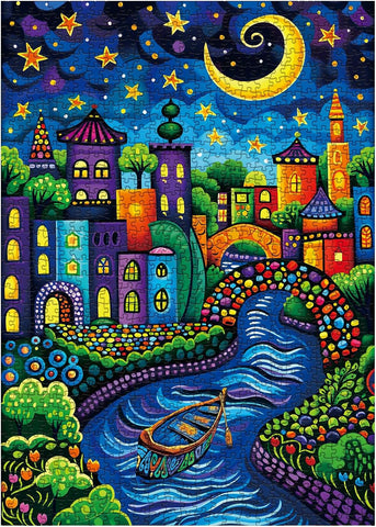 Fantasy Houses Scenic Puzzles for Adults 1000 Pieces, Mystery Beautiful Art Jigsaw Puzzles, Pretty Colorful Night Puzzles