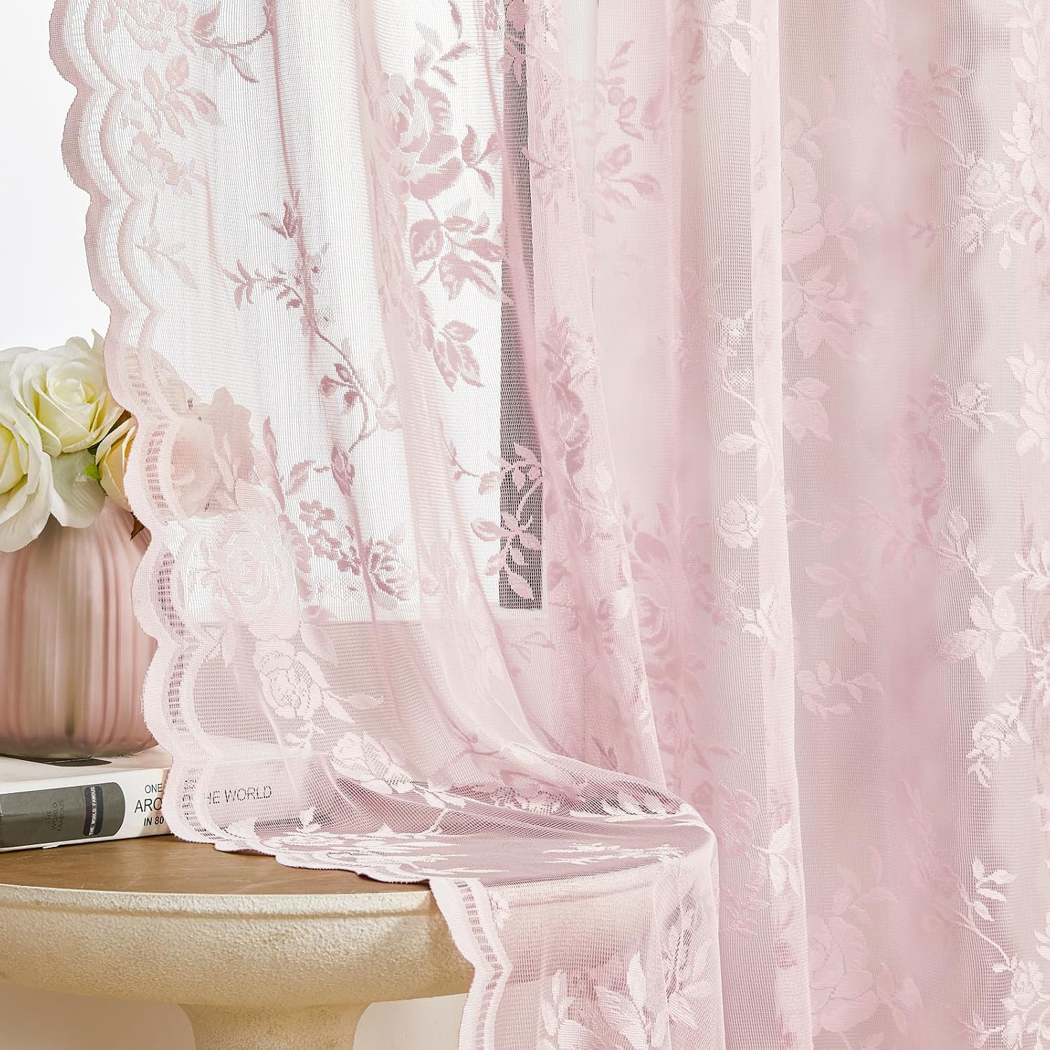 72 Inch Pastel Pink Lace Curtains 2 Panels Rod Pocket Big Flower Embroidery Semi Sheer Privacy Scalloped Hem Drapes for Dining Room Transitional Romantic Style Girls Women Blush Nude Rose, 52x72