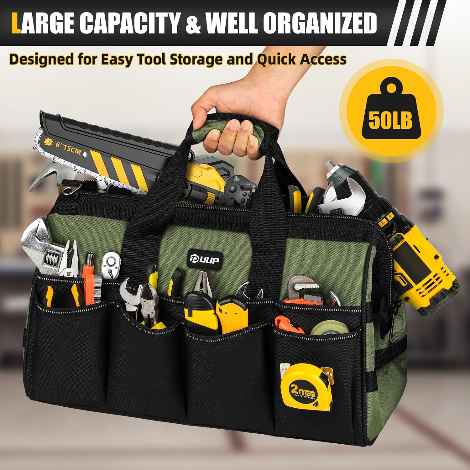 UUP 18" Large Tool Bag, Heavy Duty Spacious Carry Tool Box Organizer, Green