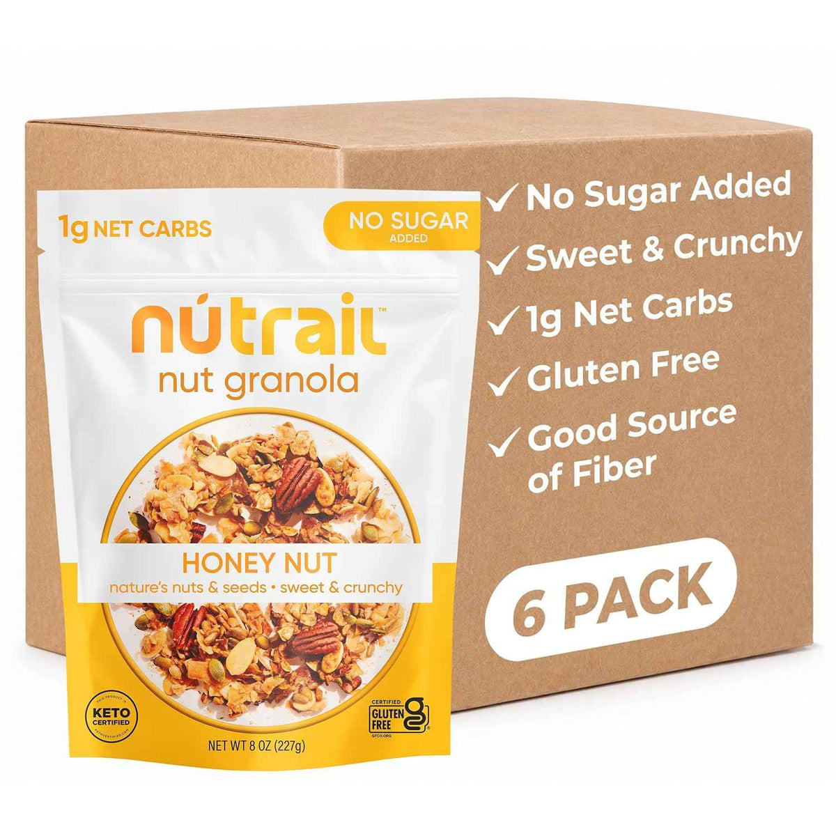 NuTrail Nut Granola Cereal, Honey Nut, No Sugar Added, Keto, Low Carb, Gluten Free, Grain Free, Healthy Breakfast 8 oz. 6 Count