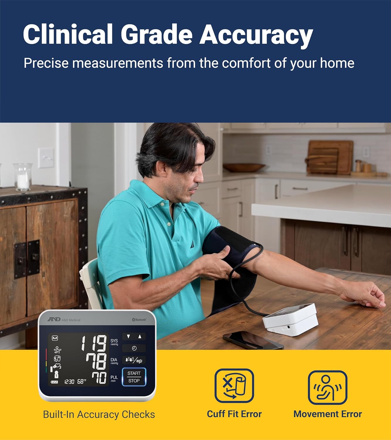 A&D Medical UA-910BLE Bluetooth Blood Pressure Monitor, 4 Users, Wide Cuff