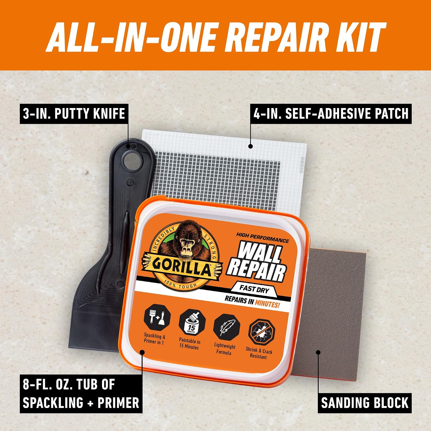 GORILLA Wall Repair Kit, Heavy Duty Spackling, 8 fl oz Tub, 4 in Patch
