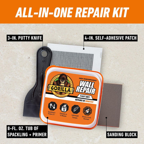 GORILLA Wall Repair Kit, Heavy Duty Spackling, 8 fl oz Tub, 4 in Patch