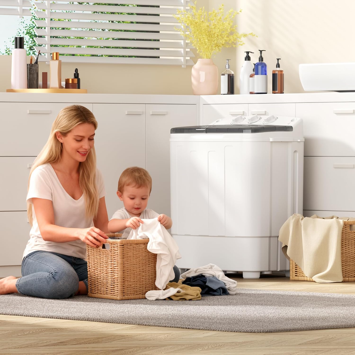 INTERGREAT Portable Washing Machine, 25lbs Compact Portable Washer and Dryer Combo with Timer Knobs, Twin Tub Mini Laundry Washer for Apartments, Dorm, Rv, Camping, Gray
