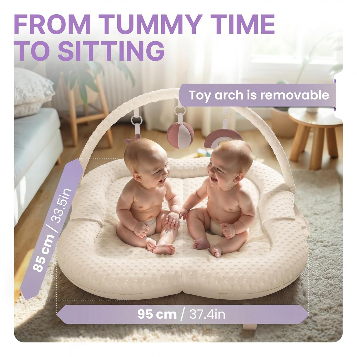 Twins Baby Play Mats for Floor Activity Gym - 5-in-1 Support Cushion Baby Play Mat Tummy Time Mat for Supervised Bonding with Arch, Plush Toys, Flashcards & Development - Beige