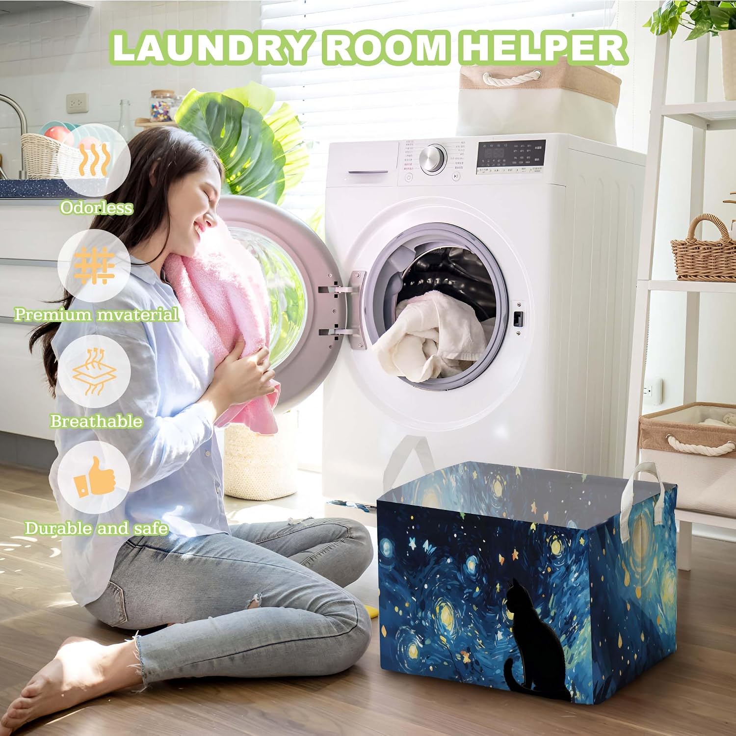 Starry Night Black Cat Toy Basket, Closet Shelf Organizer Baskets for Nursery Decor, Bathroom, Bedroom, Home Decor Gift Basket Large Squarecanvas Laundry Hamper With a Waterproof PE Coating, Foldable