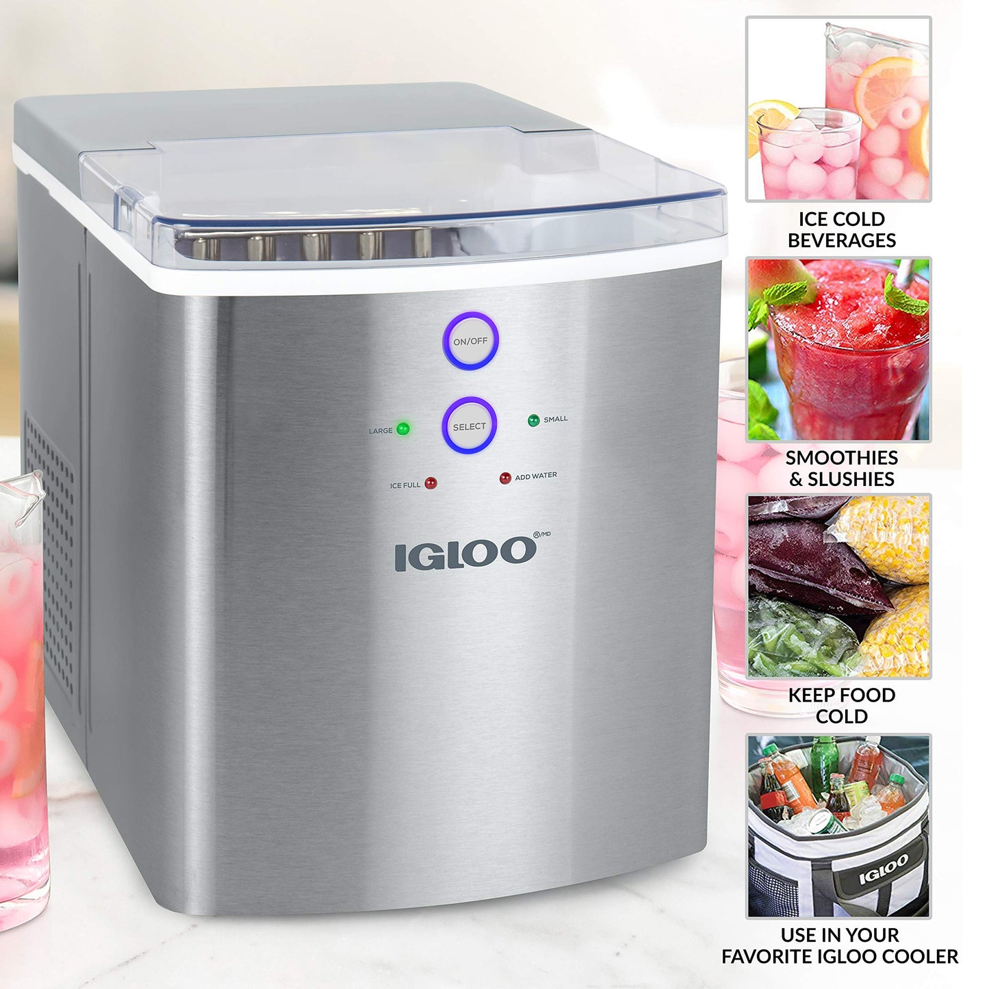 Igloo Electric Countertop Ice Maker Machine - Automatic and Portable - 33 Pounds in 24 Hours - Ice Cube Maker - Ice Scoop and Basket - Ideal for Iced Coffee and Cocktails - Stainless Steel