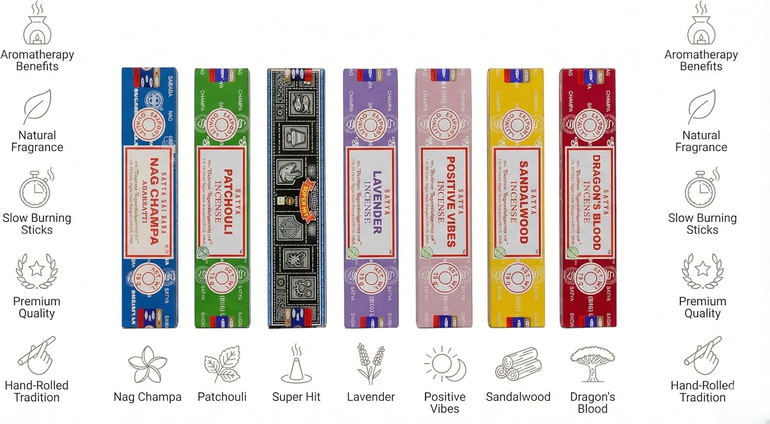 Satya Incense Gift Set Nag Champa, Super hit, Dragon's Blood, Sandalwood, Patchouli, Lavender, Positive Vibes, 15 g