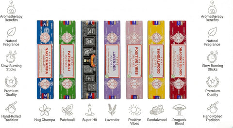 Satya Incense Gift Set Nag Champa, Super hit, Dragon's Blood, Sandalwood, Patchouli, Lavender, Positive Vibes, 15 g