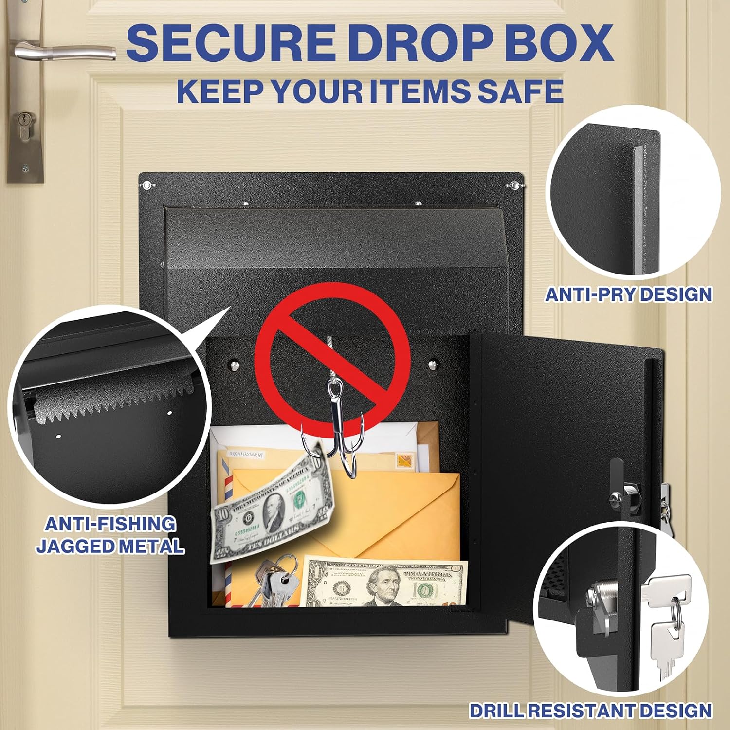 POCHAR Through the Door Mail Drop Box - 1.2mm Steel Payment Dropbox - Door Mount Theft Proof Mailbox - Locking Deposit Drop Box for Night Key, Deposit, Cash, and Rent (Black)
