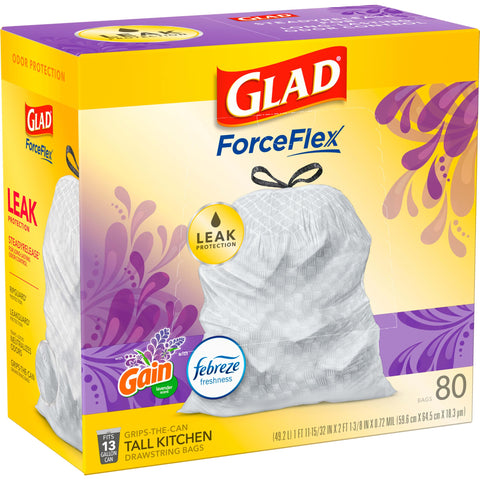 Glad ForceFlex Tall Kitchen Trash Bags, 13 Gal, Gain Lavender with Febreze, 80 Ct (Pack May Vary)