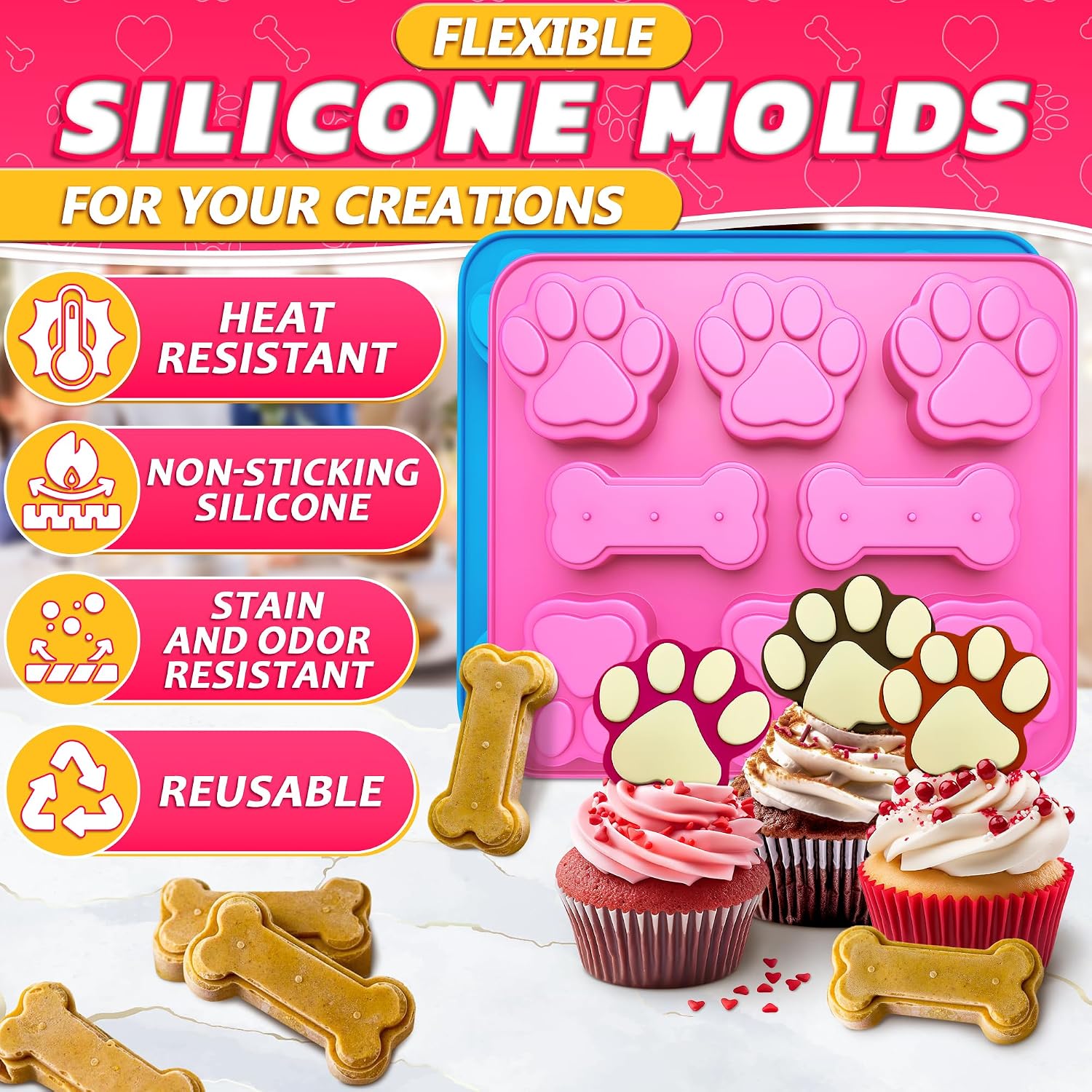 2 Pcs Frozen Dog Treat Molds Silicone, Bone & Paw Print, Non-Stick