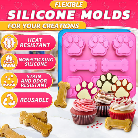 2 Pcs Frozen Dog Treat Molds Silicone, Bone & Paw Print, Non-Stick