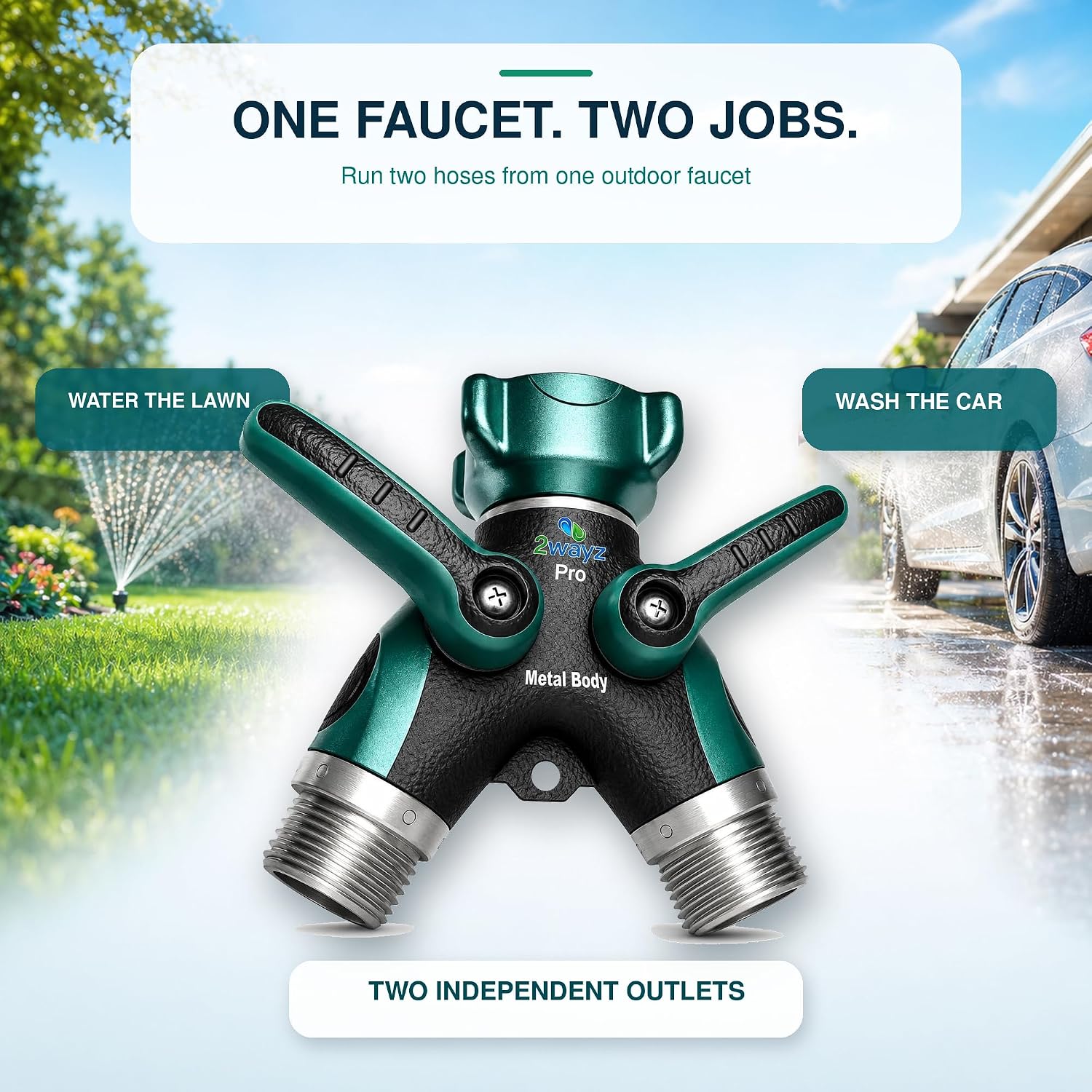 2WAYZ Hose Splitter 2 Way Heavy Duty Outdoor Faucet and Garden Connector - Water Spigot Splitter - Durable All-Metal Y Adapter with Shut-Off Valve - 4 x 4 x 1.5 Inches