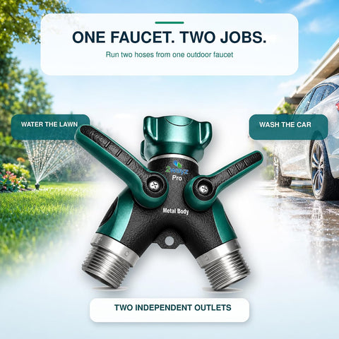 2WAYZ Hose Splitter 2 Way Heavy Duty Outdoor Faucet and Garden Connector - Water Spigot Splitter - Durable All-Metal Y Adapter with Shut-Off Valve - 4 x 4 x 1.5 Inches