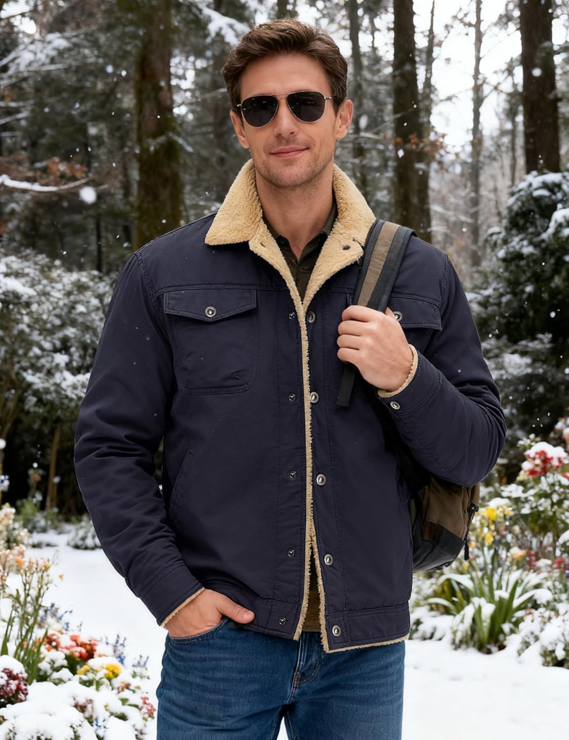 MAGNIVIT Men's Cotton Cargo Jacket Winter Sherpa Fleece Lined Work Jacket Coats with 5 Pockets
