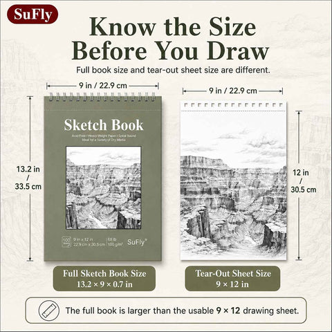 SuFly Sketch Book 9x12, 100-Sheet Drawing Paper Pad, 68lb/100gsm, Acid-Free