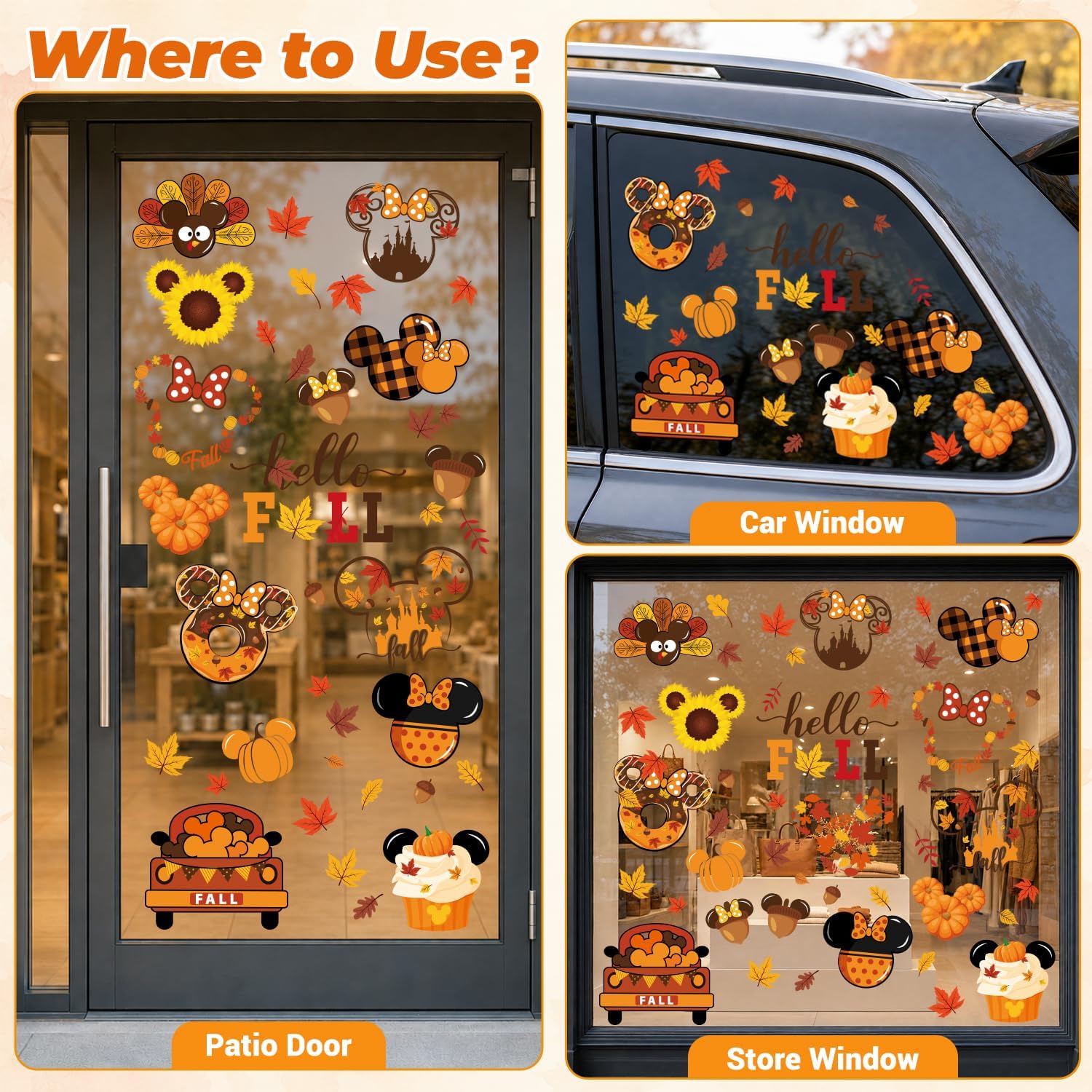 Fall Window Clings, Autumn Pumpkin Static Stickers for Glass, 60 Designs