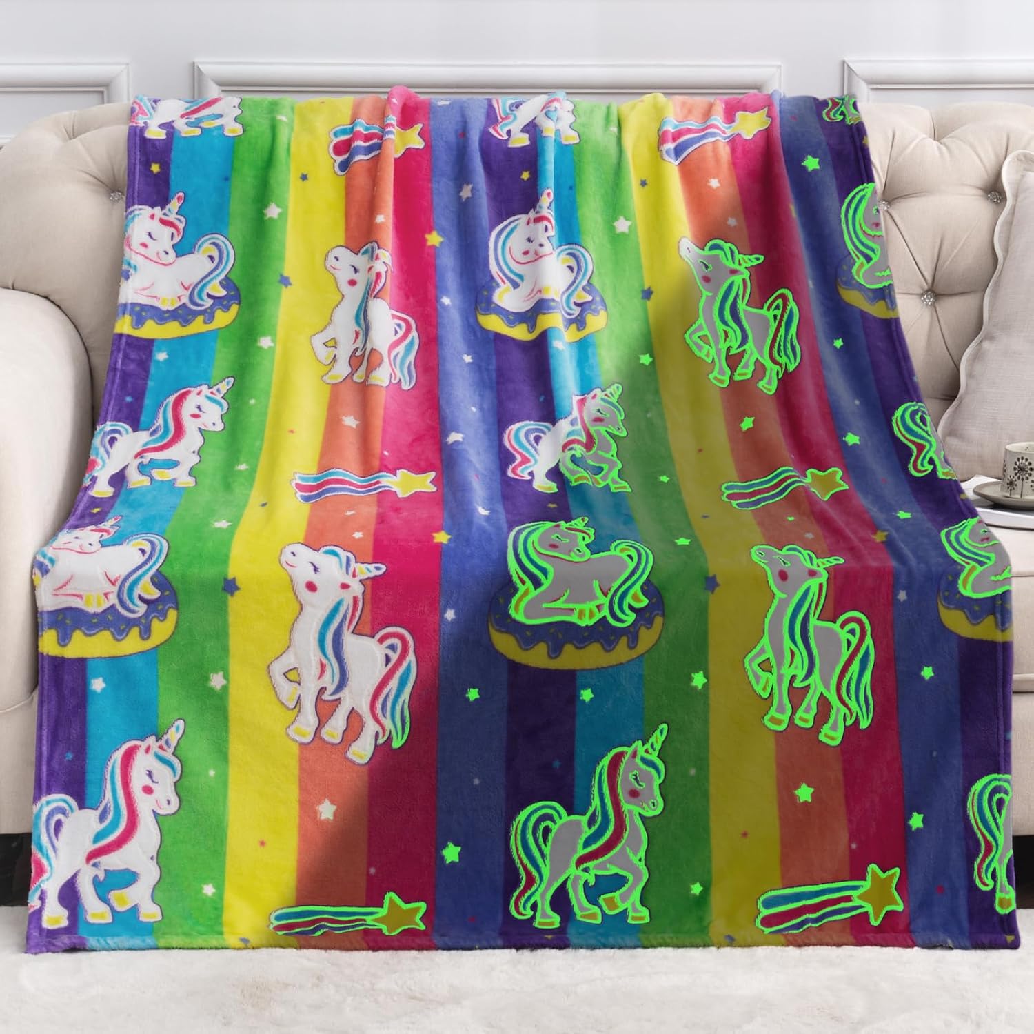 Jekeno Unicorn Toys Gifts for Girls Glow in the Dark Blanket Throw 50"x 60"