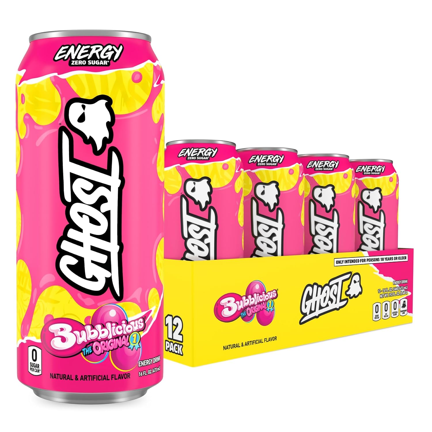 GHOST Energy Drink, Zero Sugars, 12-Pack, Bubblicious Original, 16oz