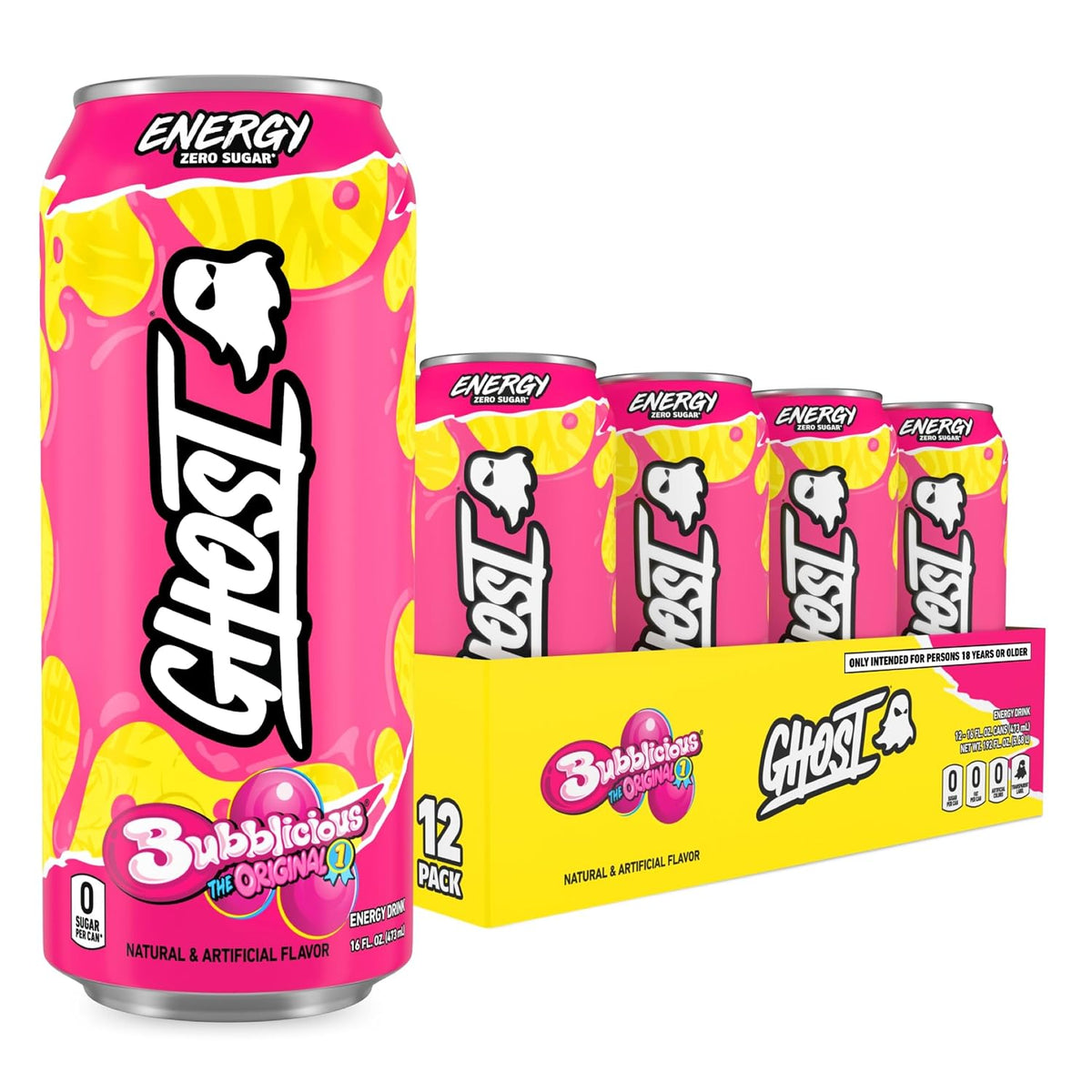 GHOST Energy Drink, Zero Sugars, 12-Pack, Bubblicious Original, 16oz