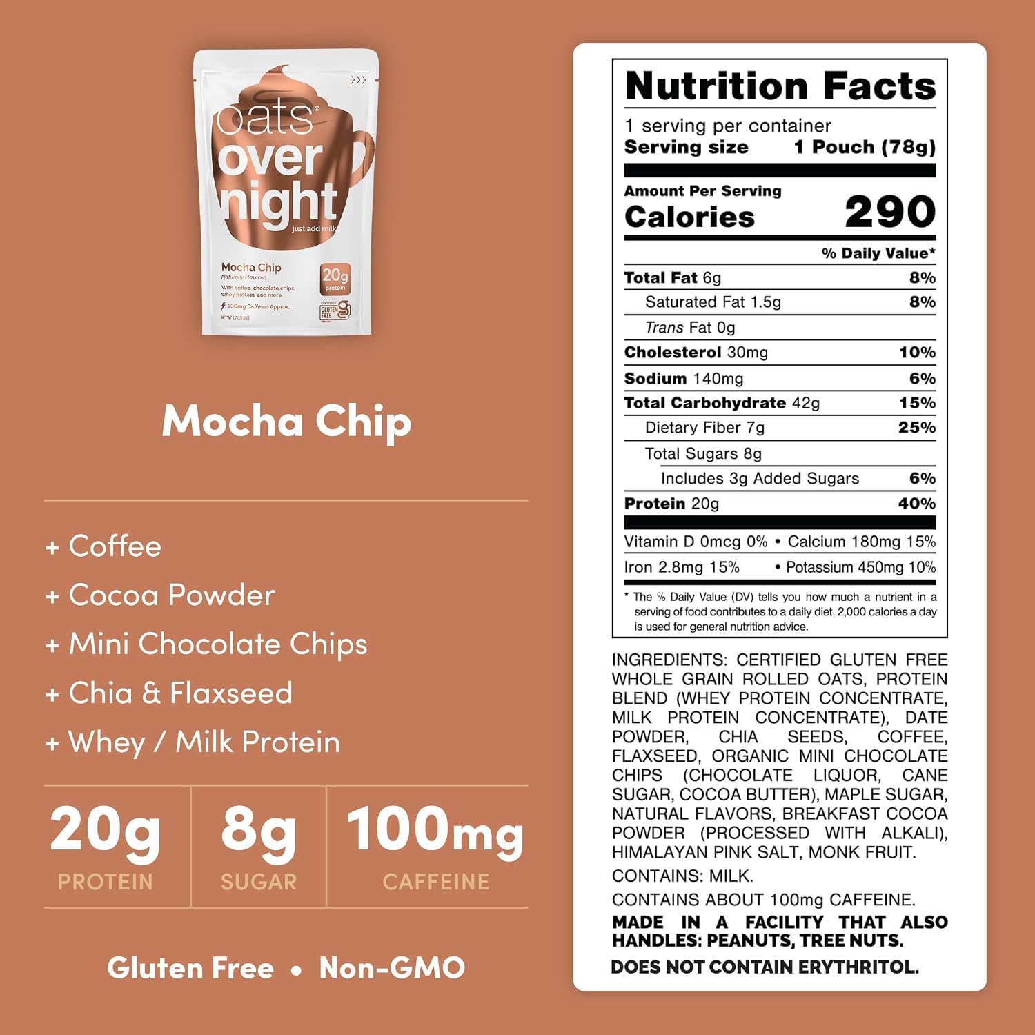 Oats Overnight Mocha Chip – High Protein Oatmeal, 2.7 oz, 24 Pack