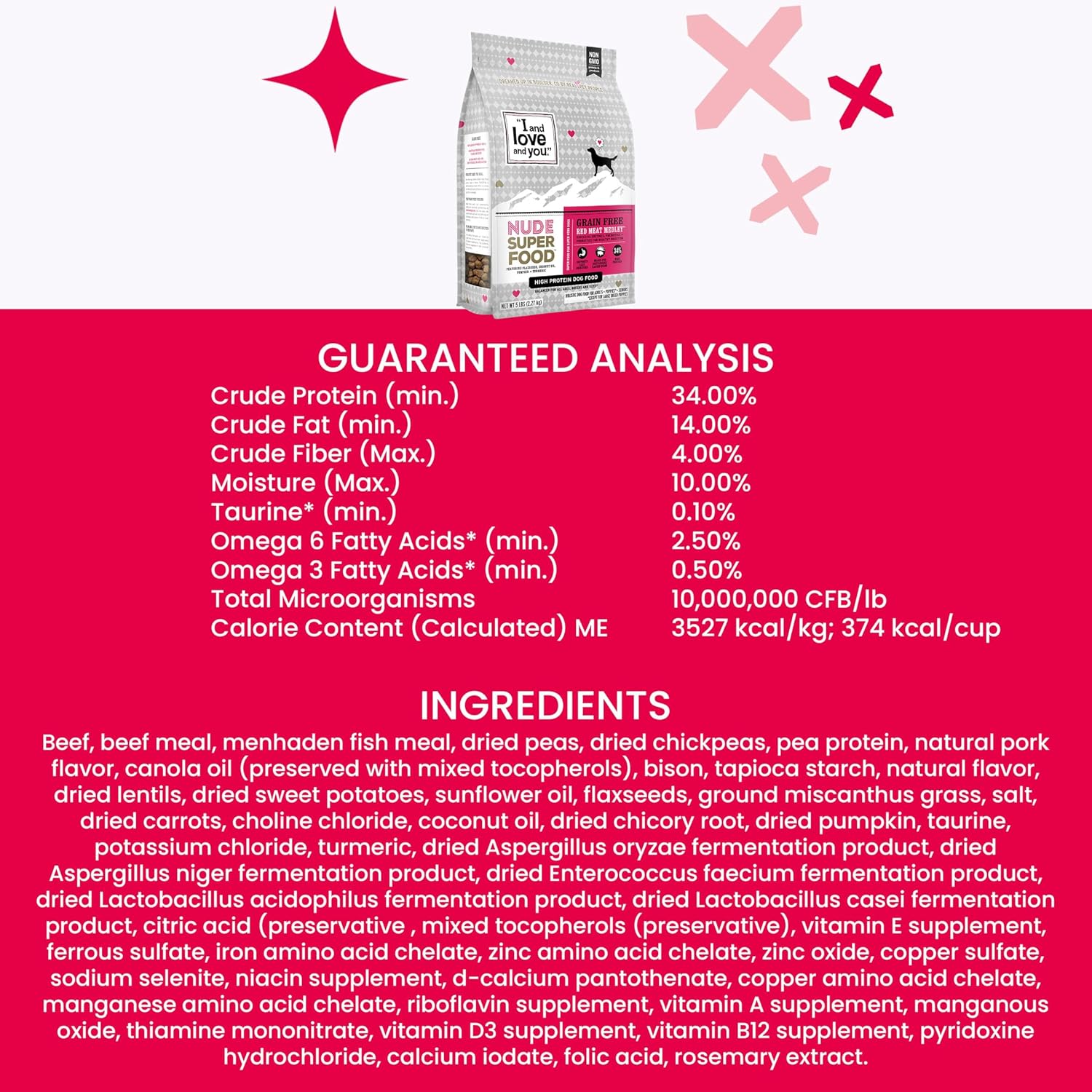 I and love and you Nude Super Food Dry Dog Food - Red Meat Medley - Prebiotic + Probiotic, Grain Free, Real Meat, No Fillers, 23lb Bag