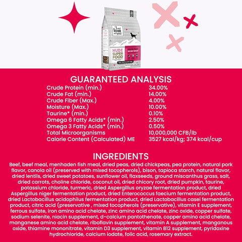 I and love and you Nude Super Food Dry Dog Food - Red Meat Medley - Prebiotic + Probiotic, Grain Free, Real Meat, No Fillers, 23lb Bag