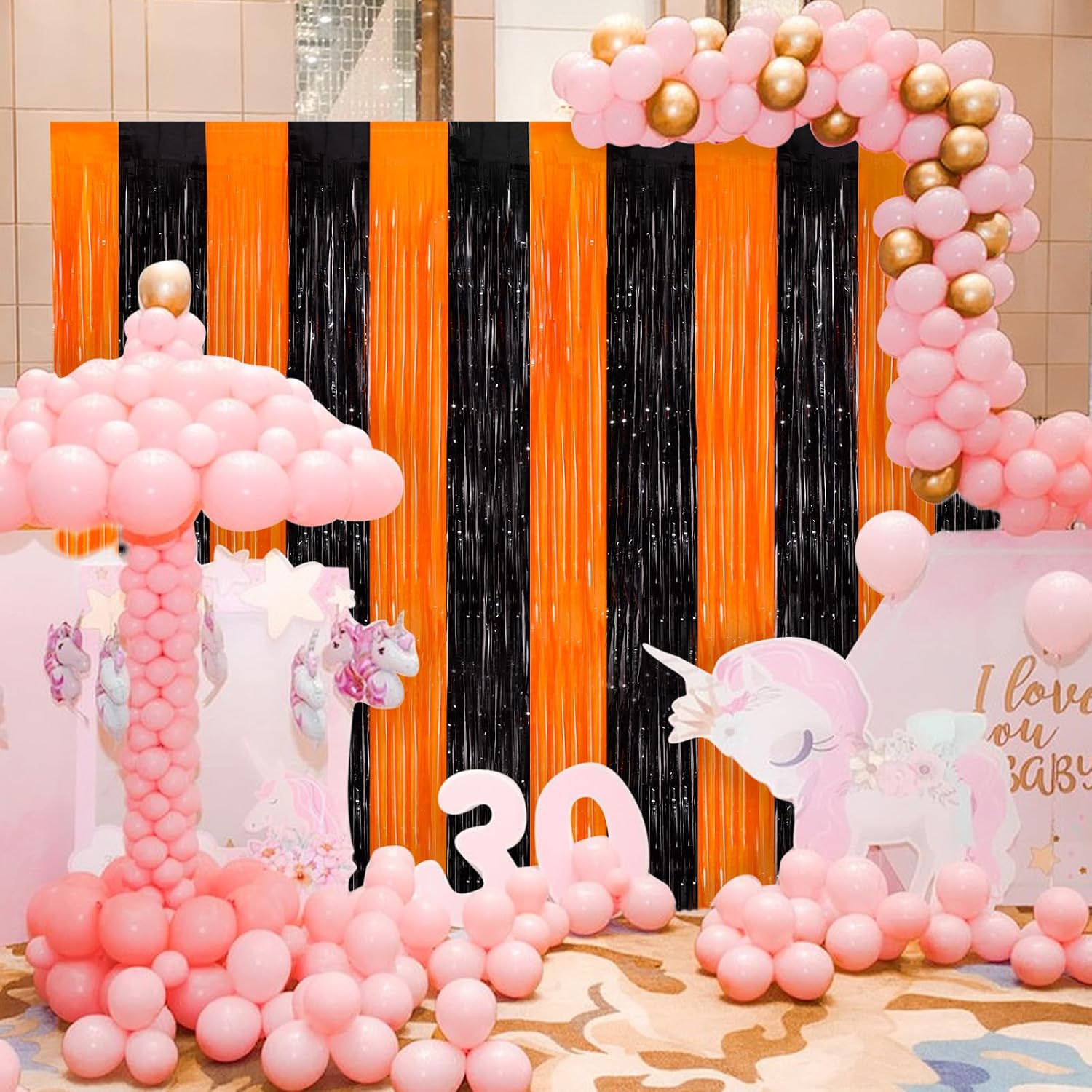 Black Orange Tinsel Backdrop Foil Fringe Curtains, 2 Pack Party Decor