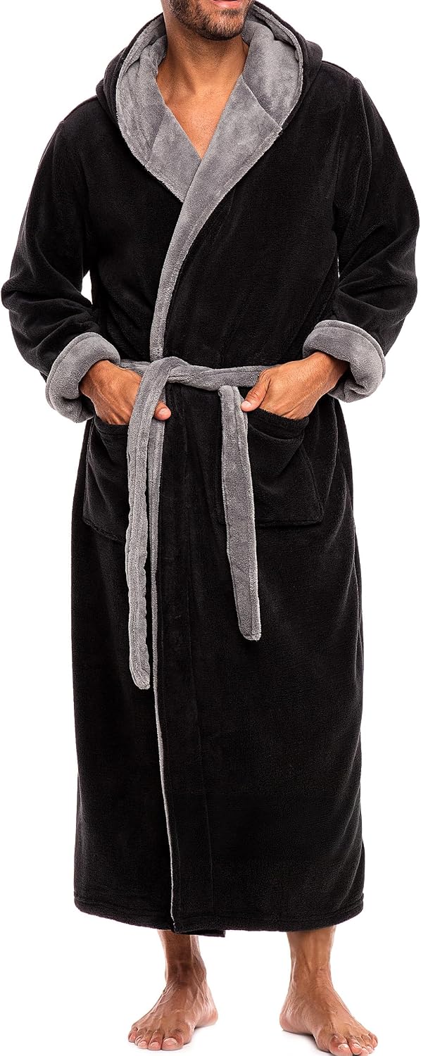 Men's Plush Fleece Hooded Robe with Pockets, Long Bathrobe