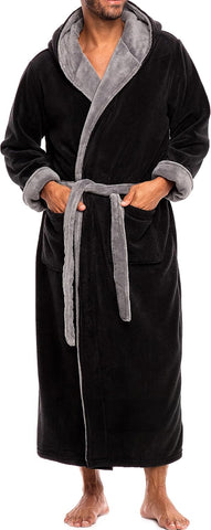 Men's Plush Fleece Hooded Robe with Pockets, Long Bathrobe