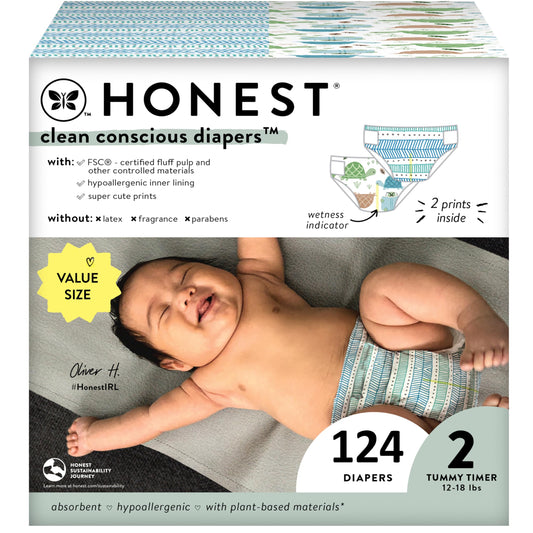 The Honest Company Clean Conscious Diapers | Plant-Based, Sustainable | Turtle Time + Dots & Dashes | Super Club Box, Size 2 (12-18 lbs), 124 Count