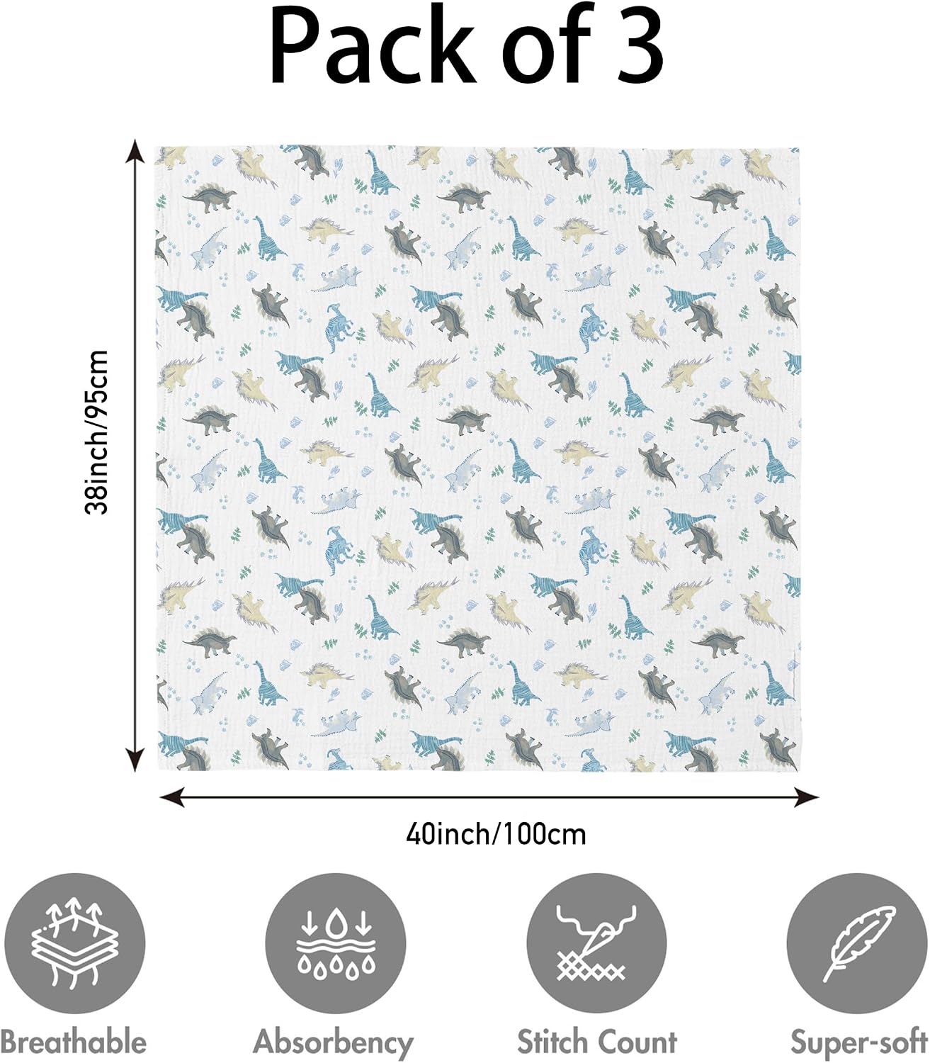 Muslin Swaddle Blankets for Newborn, 3 Pack Breathable Soft Receiving Blanket, Large 38 x 40 inches Swaddle Wrap Burping Clothes Diapers, Essentials Infant Shower Items, Toddler Gift (Blue Dinosaur)
