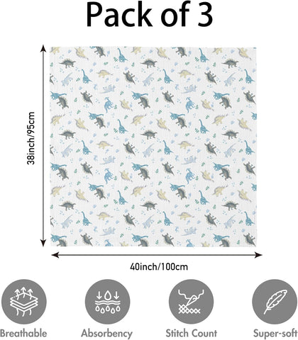 Muslin Swaddle Blankets for Newborn, 3 Pack Breathable Soft Receiving Blanket, Large 38 x 40 inches Swaddle Wrap Burping Clothes Diapers, Essentials Infant Shower Items, Toddler Gift (Blue Dinosaur)