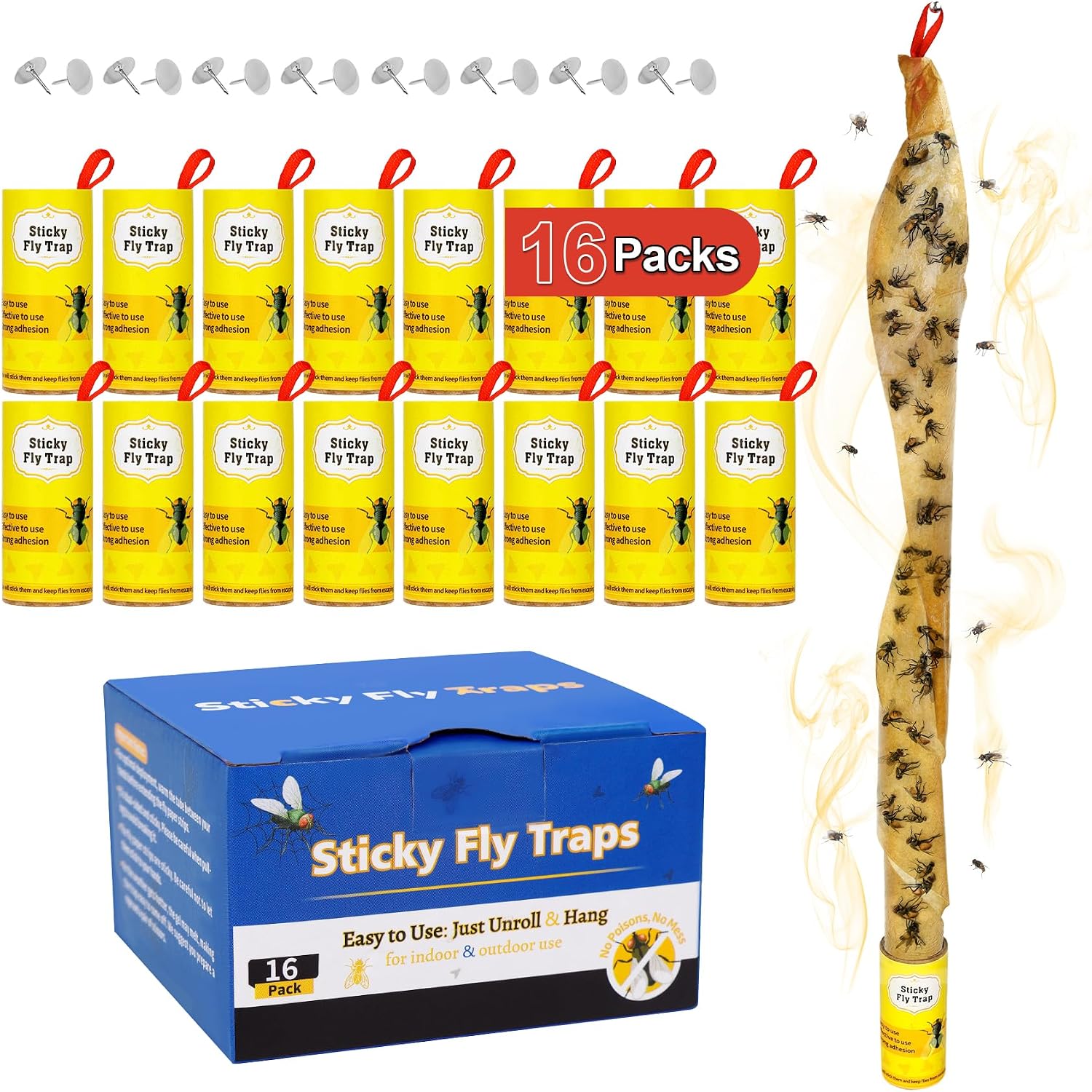 16 Pack Fly Strips Sticky Hanging Fly Trap Indoor Outdoor with Pins