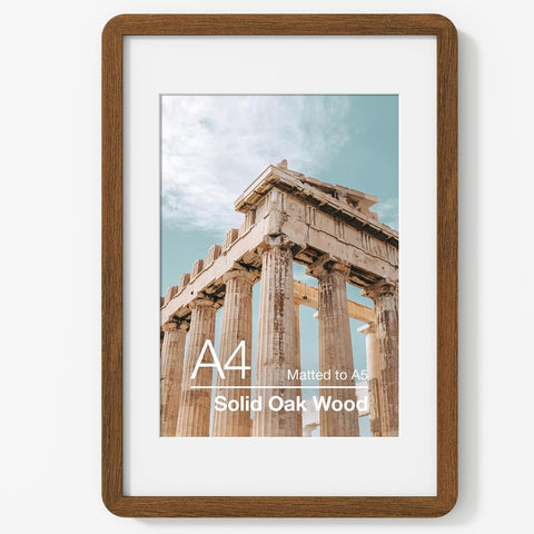 FLYJOE A4 Solid Oak Wood Photo Frame | A4 Picture Frame With Mat For A5 | Plexiglass And Hanging Hardware Included | Walnut, 1 Pack