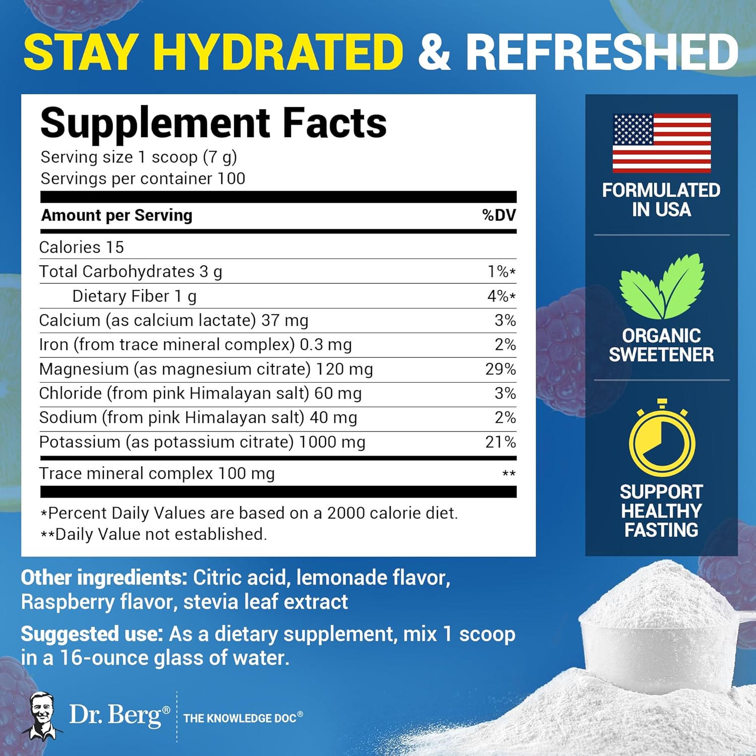 Dr. Berg Zero Sugar Hydration Keto Electrolyte Powder - Enhanced w/ 1000 mg of Potassium & Real Pink Himalayan Salt (NOT Table Salt) - Raspberry & Lemon Flavor Hydration Drink Supplement, 100 Servings